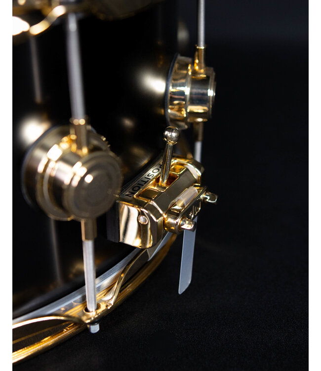 DW 14" x 6.5" Satin Black over Brass Snare, Gold Hardware