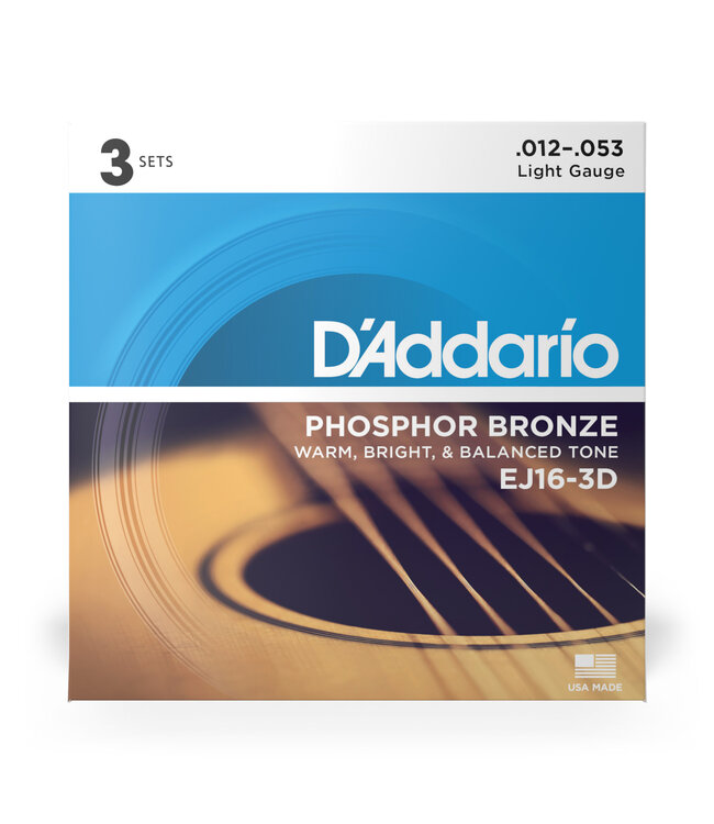 D'Addario EJ16-3D Phosphor Bronze Acoustic Guitar Strings, 12-53 Light 3-Pack