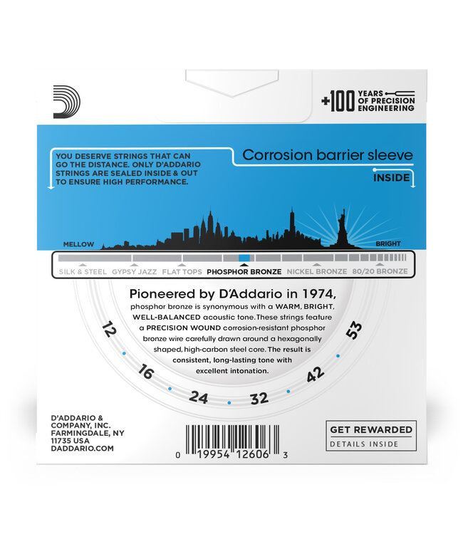 D'Addario EJ16-3D Phosphor Bronze Acoustic Guitar Strings, 12-53 Light 3-Pack