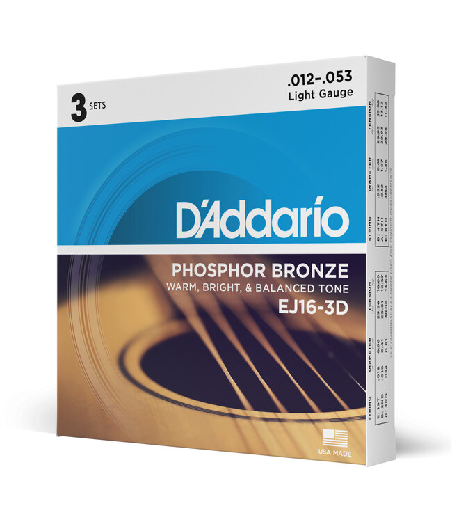 D'Addario EJ16-3D Phosphor Bronze Acoustic Guitar Strings, 12-53 Light 3-Pack