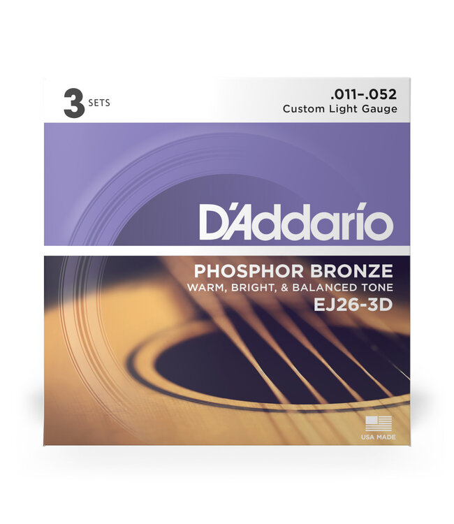 D'Addario EJ26-3D Phosphor Bronze Acoustic Guitar Strings, 11-52 Custom Light 3-Pack