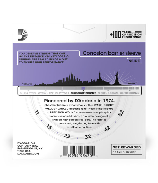 D'Addario EJ26-3D Phosphor Bronze Acoustic Guitar Strings, 11-52 Custom Light 3-Pack