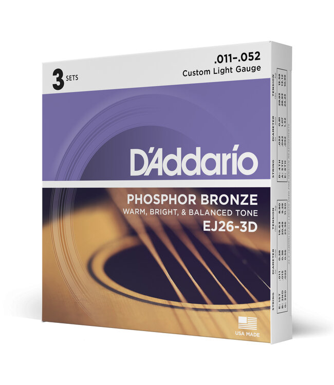 D'Addario EJ26-3D Phosphor Bronze Acoustic Guitar Strings, 11-52 Custom Light 3-Pack