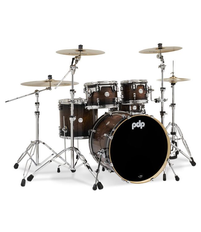 PDP Concept Series 5-Piece Maple Exotic Shell Pack, Walnut to Charcoal Burst w/Chrome Hardware; 8x10, 9x12, 14x16, 18x22, 5.5x14