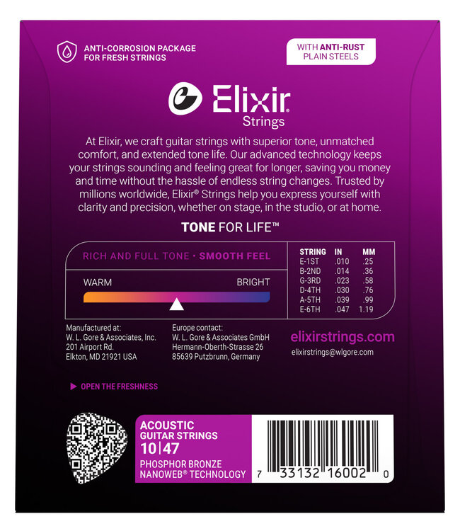 Elixir Nanoweb Acoustic Phosphor Bronze Strings, Extra Light 10-47