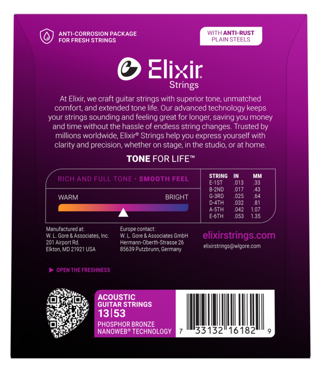 Elixir Nanoweb Acoustic Phosphor Bronze Strings, HD Light 13-53