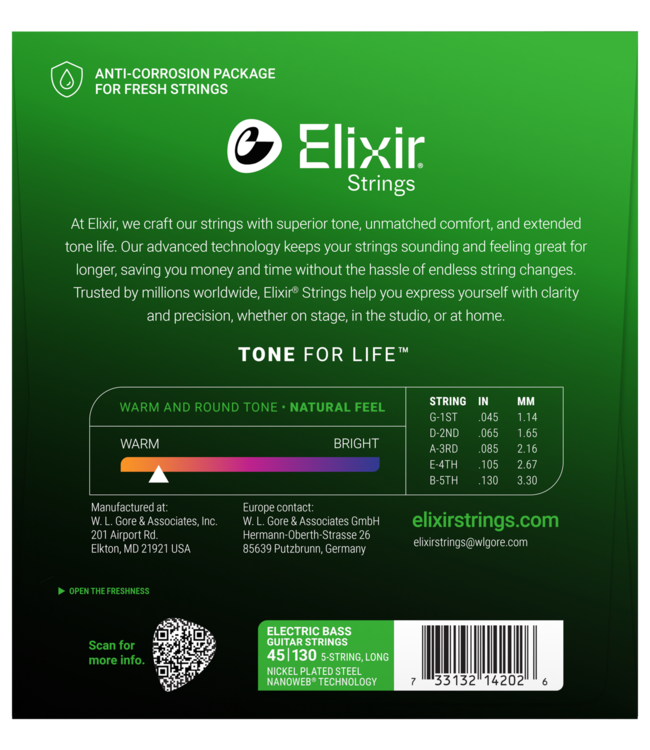 Elixir Nanoweb 5-String Bass Set, Nickel, Light 45-130