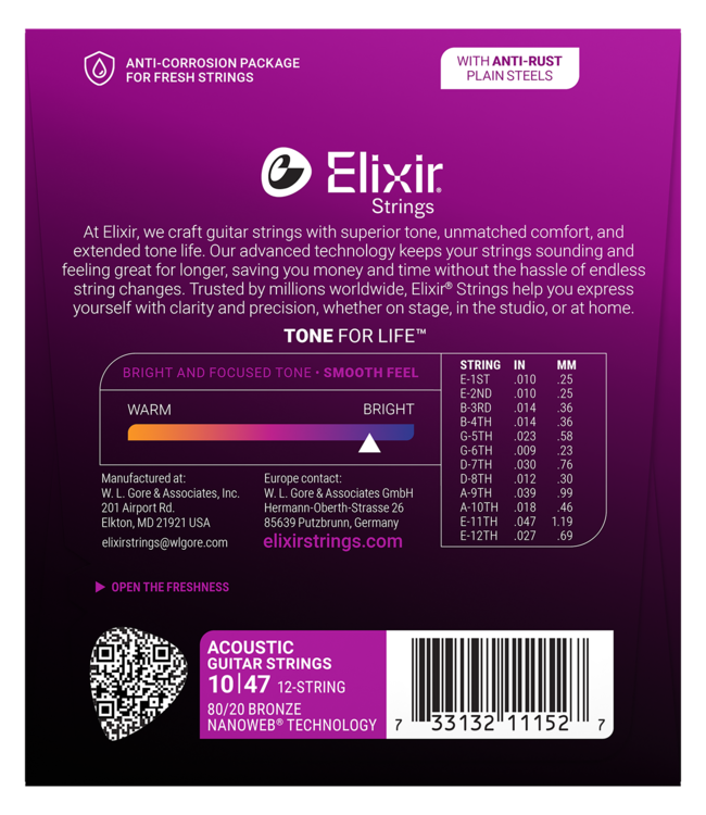 Elixir Nanoweb Acoustic 80/20 Bronze 12-String Set, Light 10-47