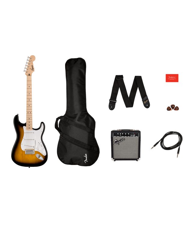 Squier Sonic Stratocaster Pack, Maple FB, 2-Color Sunburst, Gig Bag, 10G