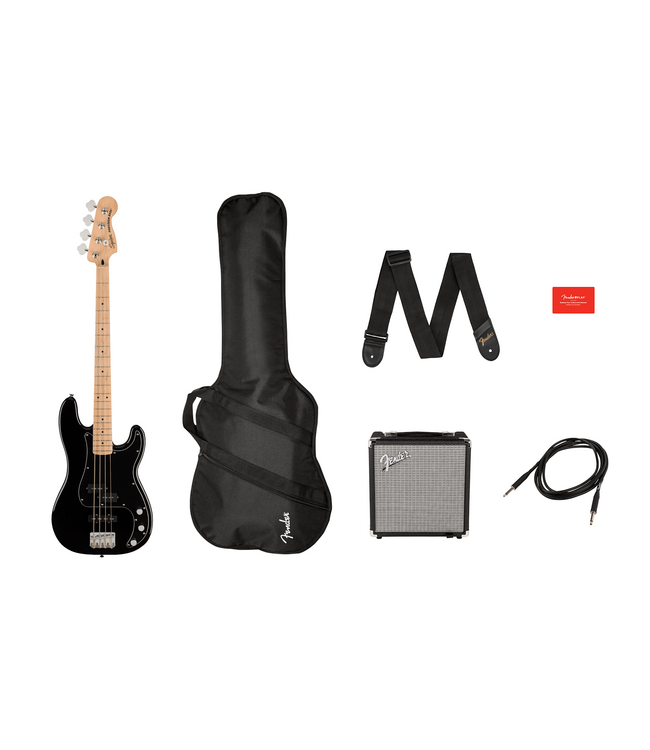 Squier Affinity Series Precision Bass PJ Pack, Maple FB, Black, Gig Bag, Rumble 15