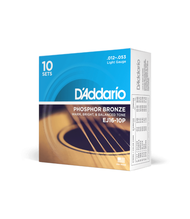 D'Addario Phosphor Bronze Acoustic Guitar Strings 10-Pack, 12-53 Light