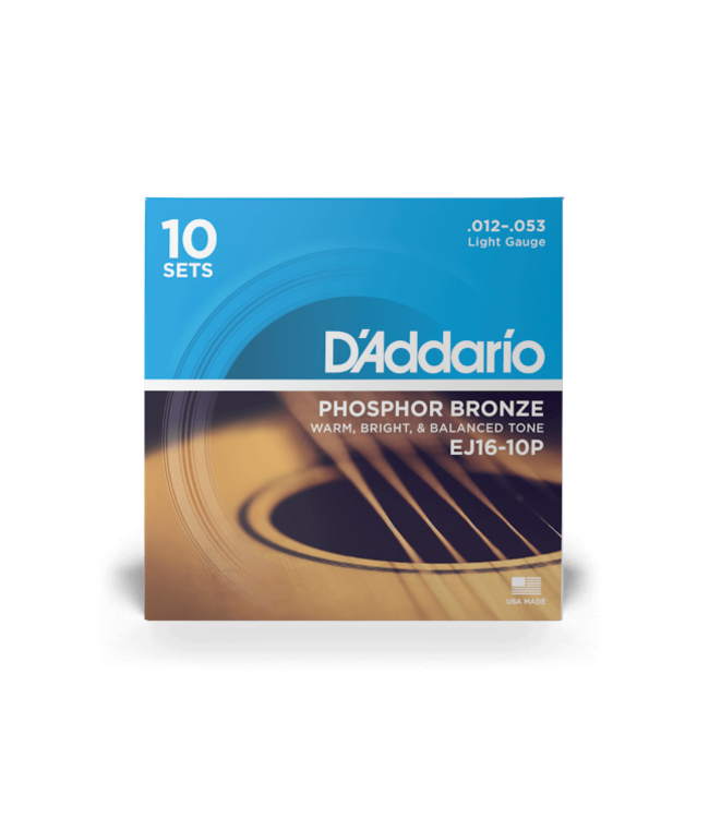 D'Addario Phosphor Bronze Acoustic Guitar Strings 10-Pack, 12-53 Light