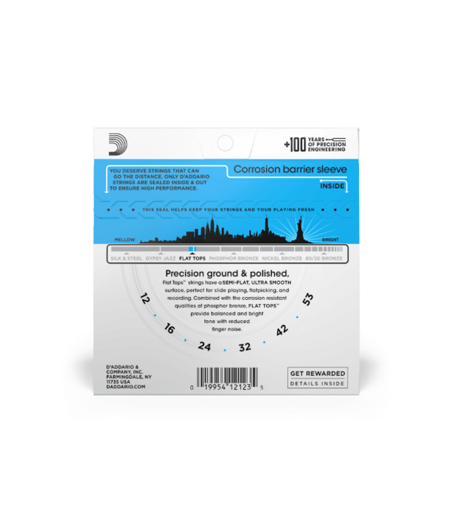 D'Addario 12-53 Light, Flat Tops Phosphor Bronze Acoustic Guitar Strings