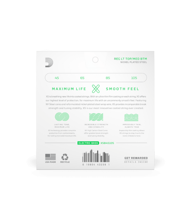 D'Addario XS 45-105 Light Top Medium Bottom, Long Scale Coated Bass Strings