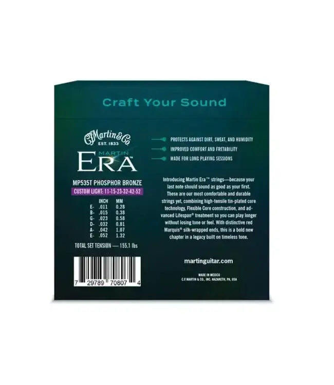 Martin Era™ Phosphor Bronze Treated Acoustic Guitar Strings, 11-52 Custom Light