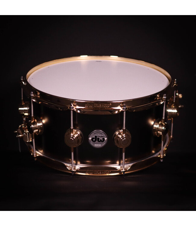 DW 14" x 6.5" Satin Black over Brass Snare, Gold Hardware