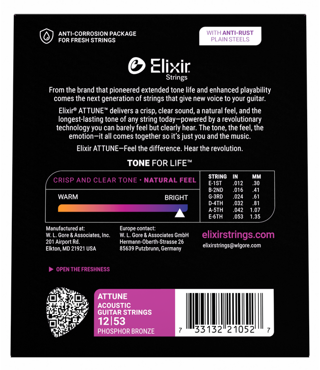 Elixir ATTUNE Acoustic Phosphor Bronze Strings, 12-53 Light