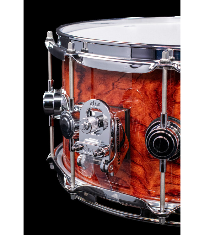 DW 14" x 6.5" Exotic Maple Snare Drum, Natural Lacquer over Bubinga Pommele, Chrome Hardware