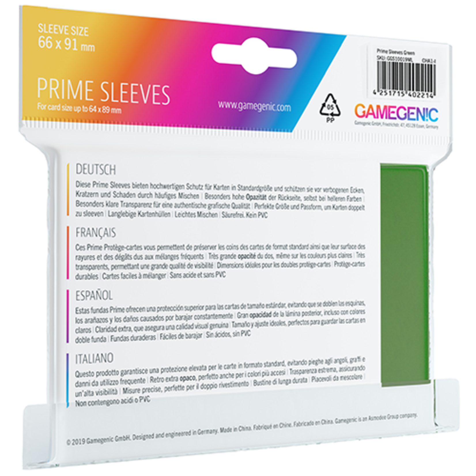 GAMEGENIC GG PRIME SLEEVES: GREEN STD 66x91mm