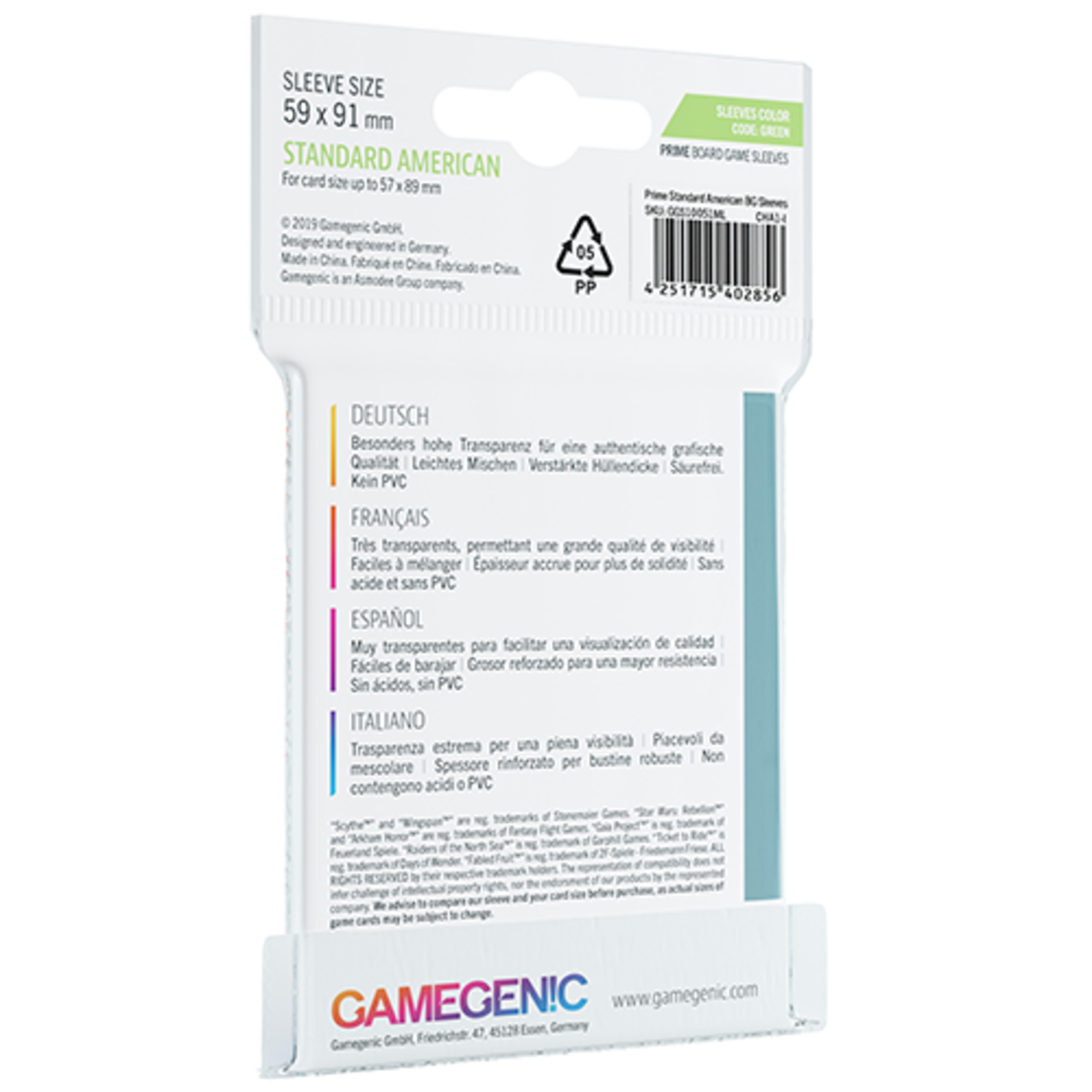 GAMEGENIC GG PRIME SLEEVES: STD AMERICAN GAME CODE:GREEN 59x91mm