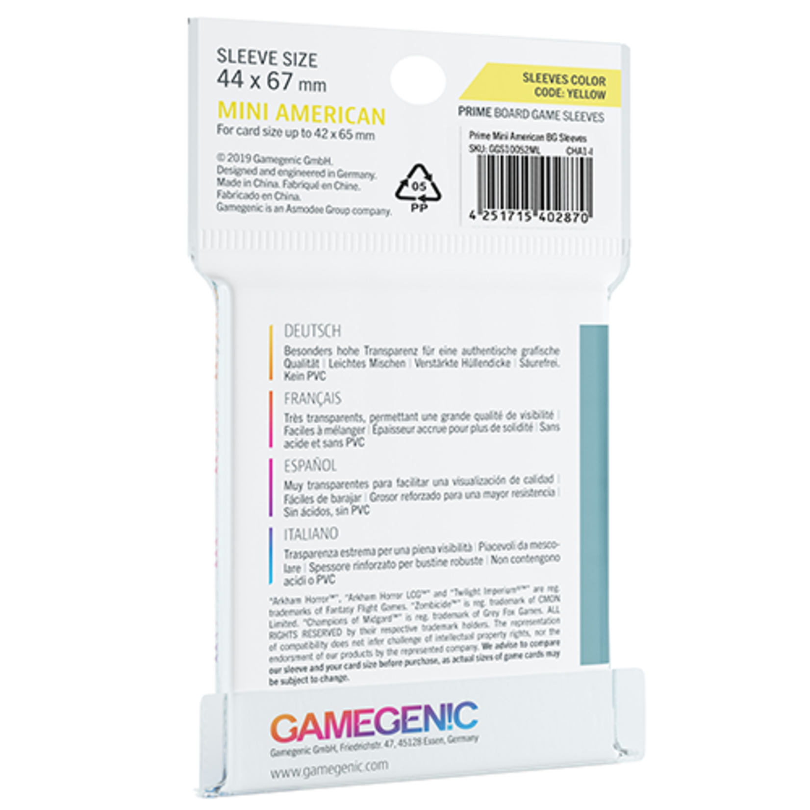 GAMEGENIC PRIME SLEEVES: MINI AMERICAN 44x67mm CODE: YELLOW