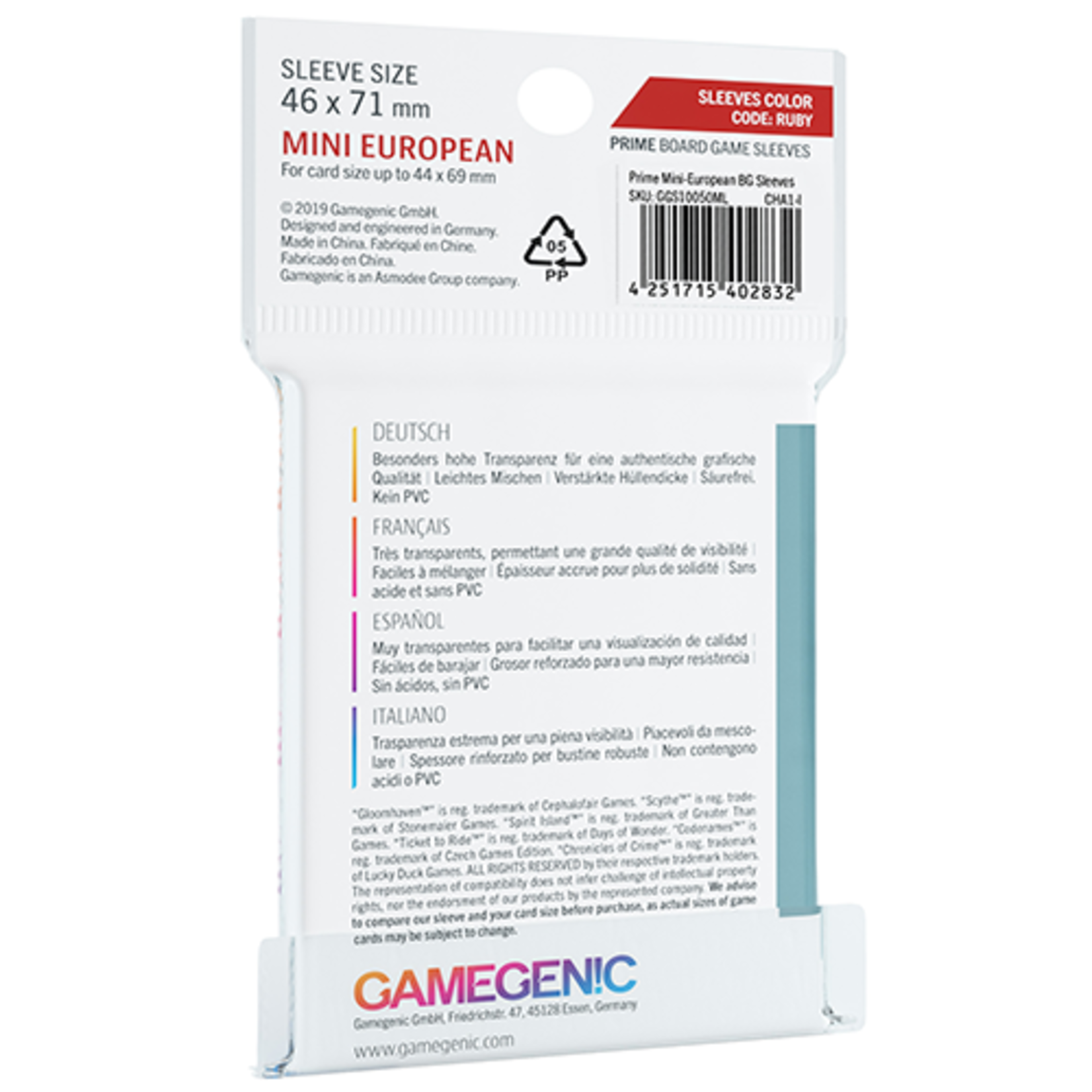 GAMEGENIC GG PRIME SLEEVES: MINI EURO GAME 46x71mm CODE:RUBY