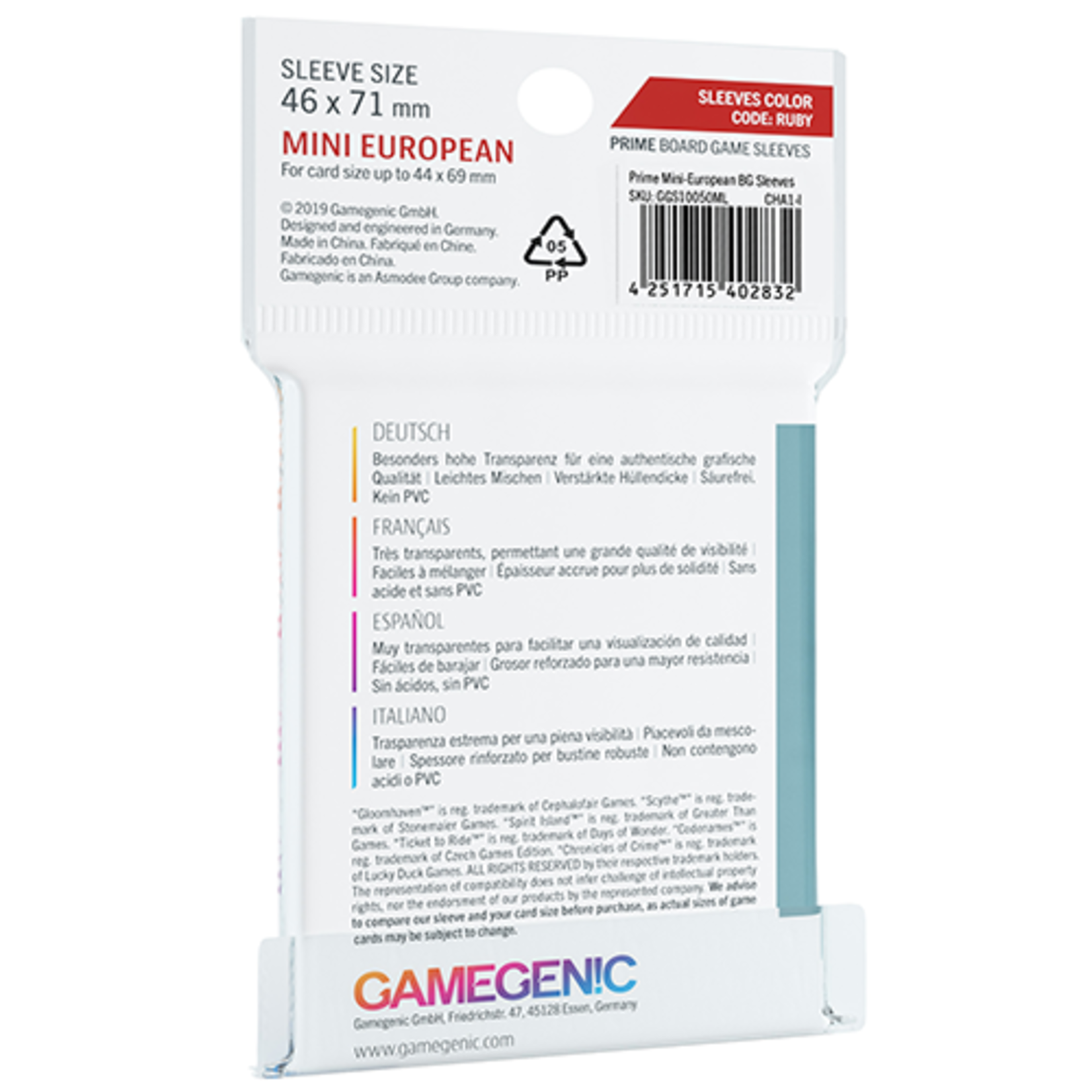 GAMEGENIC PRIME SLEEVES: MINI EUROPEAN BOARD GAME 46x71mm CODE:RUBY