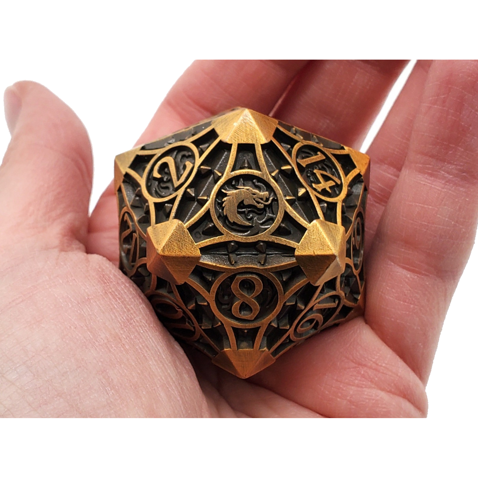 OLD SCHOOL DICE & ACCESSORIES GNOME FORGED ANCIENT GOLD METAL 40mm d20