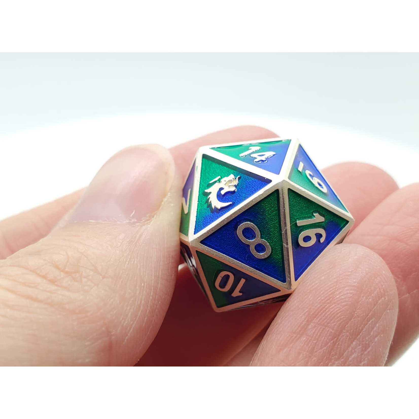 OLD SCHOOL DICE & ACCESSORIES DRAGON FORGED PLATINUM BLUE & GREEN METAL d20