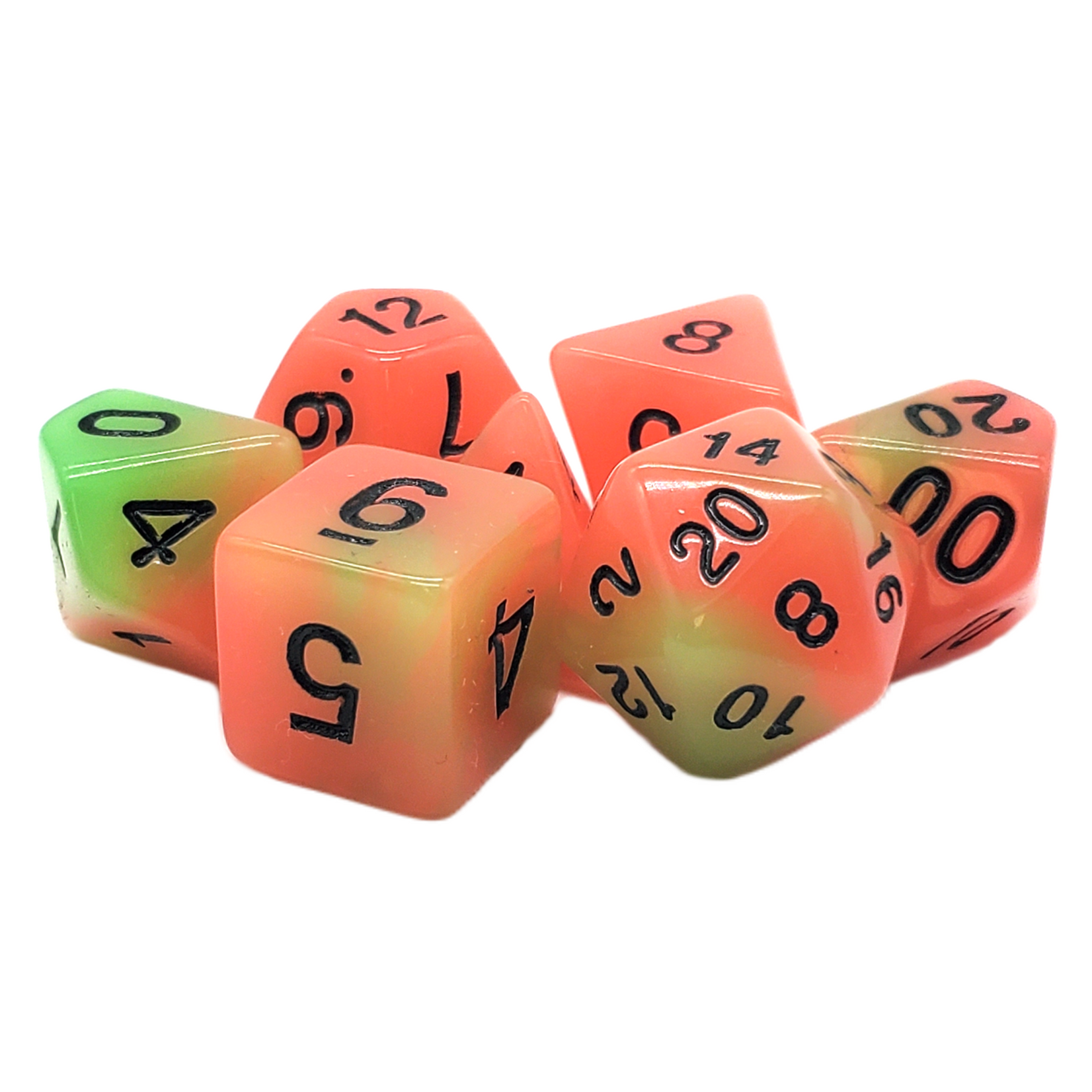 OLD SCHOOL DICE & ACCESSORIES GLOW DICE GREEN AND ORANGE 7PC SET