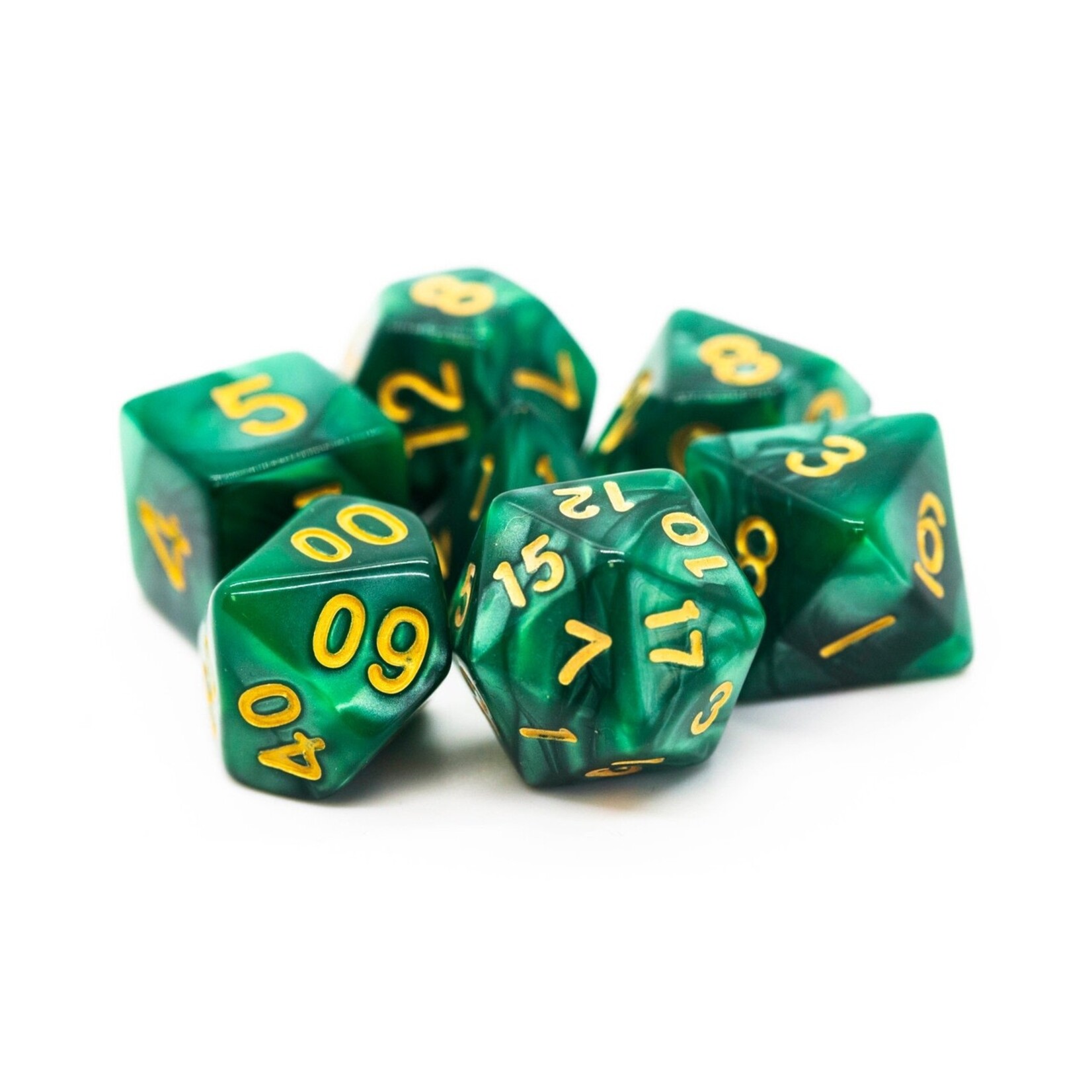 OLD SCHOOL DICE & ACCESSORIES PEARL DROP GREEN W/ GOLD 7PC SET