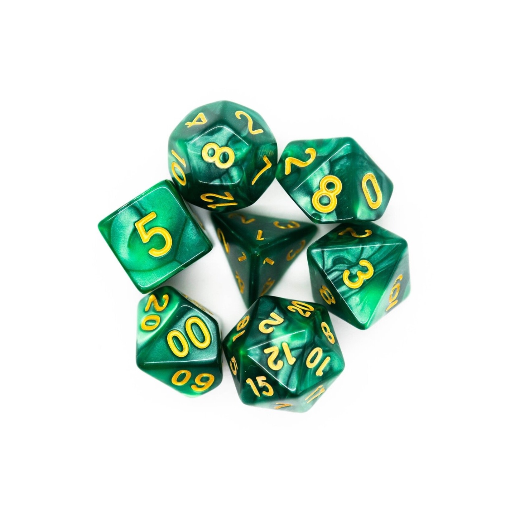 OLD SCHOOL DICE & ACCESSORIES PEARL DROP GREEN W/ GOLD 7PC SET