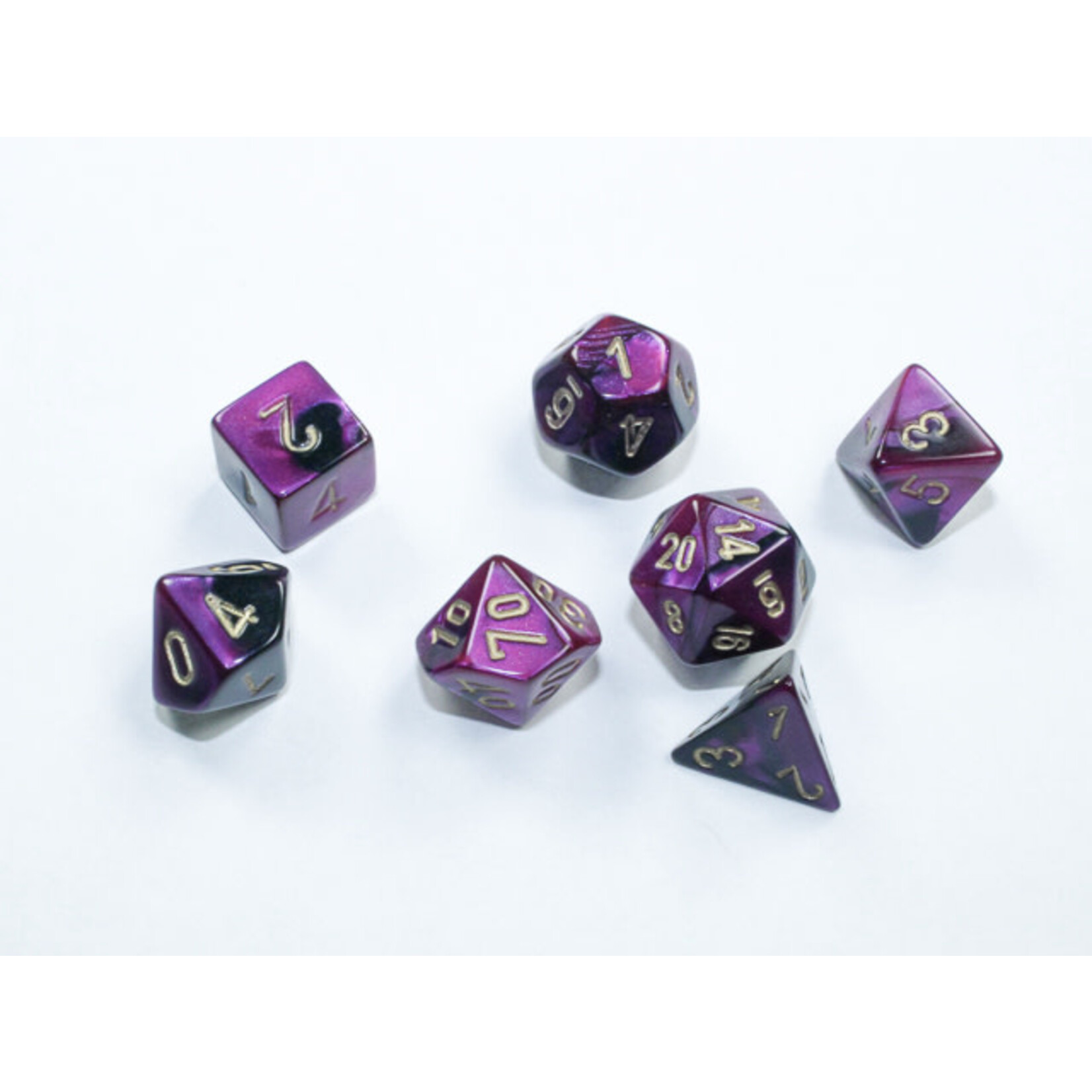 CHESSEX MINI GEMINI BLK-PRPL/GLD 7-DIE SET