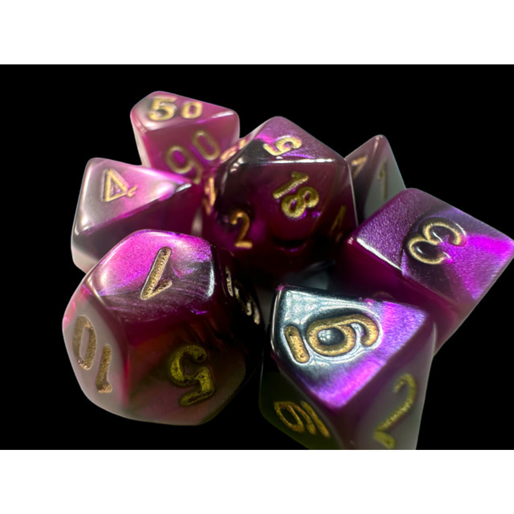 CHESSEX MINI GEMINI BLK-PRPL/GLD 7-DIE SET