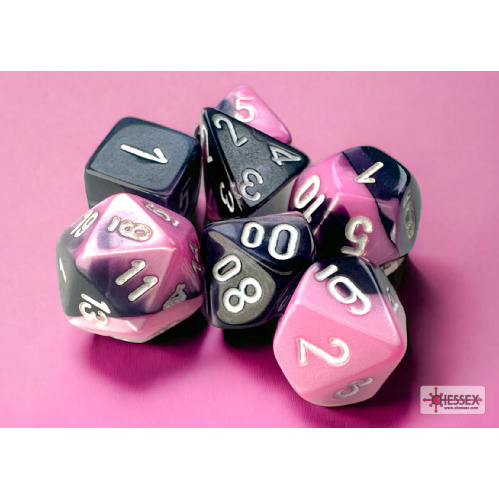 CHESSEX MINI GEMINI BLACK-PINK/WHITE 7-DIE SET