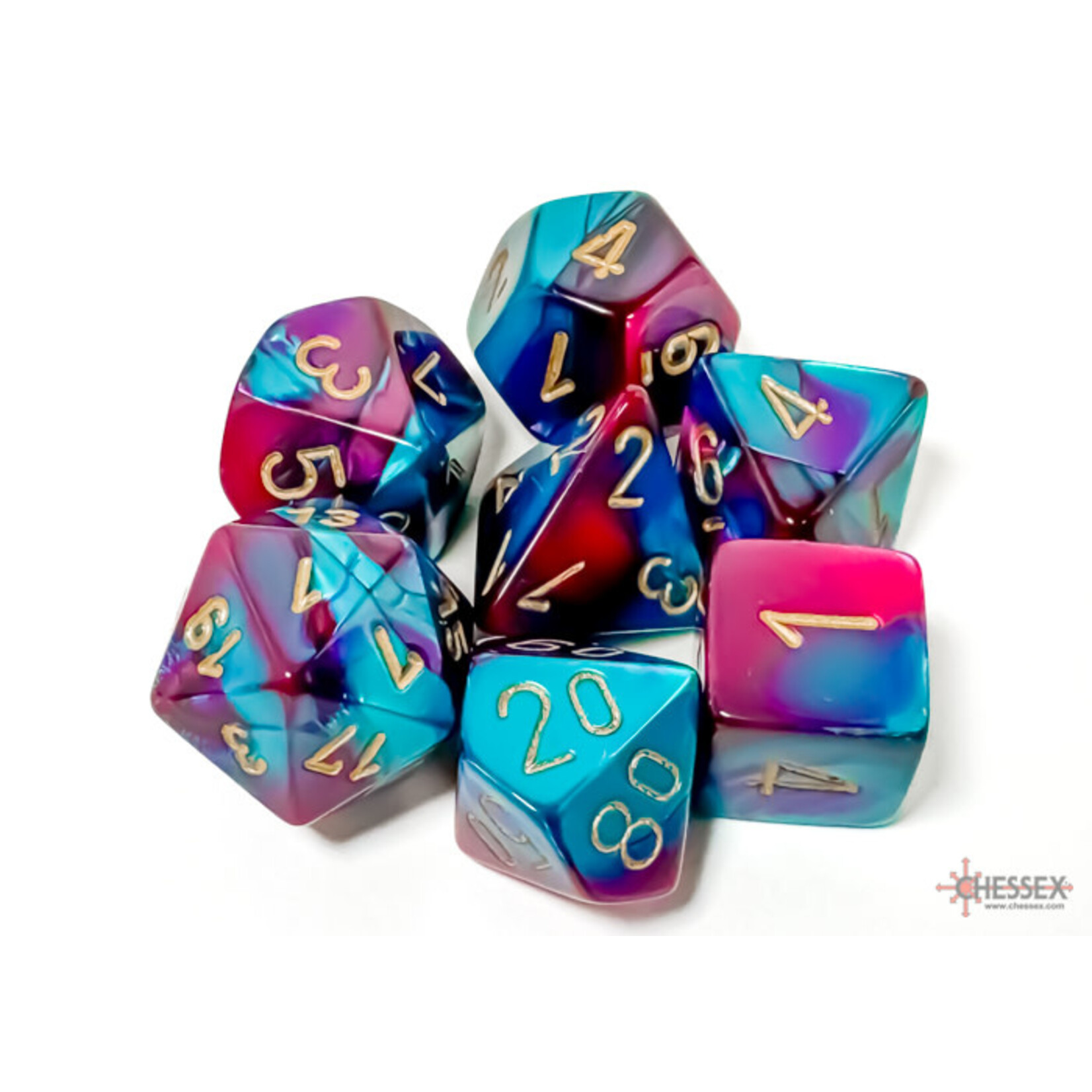 CHESSEX GEMINI PURPLE TEAL / GOLD 7 DIE SET