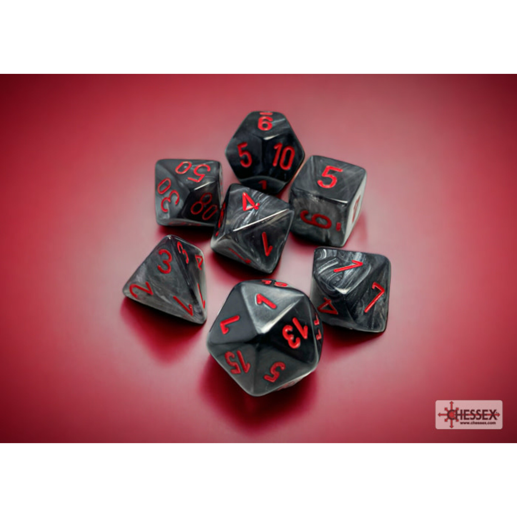 CHESSEX BLACK / RED 7 DIE SET VELVET