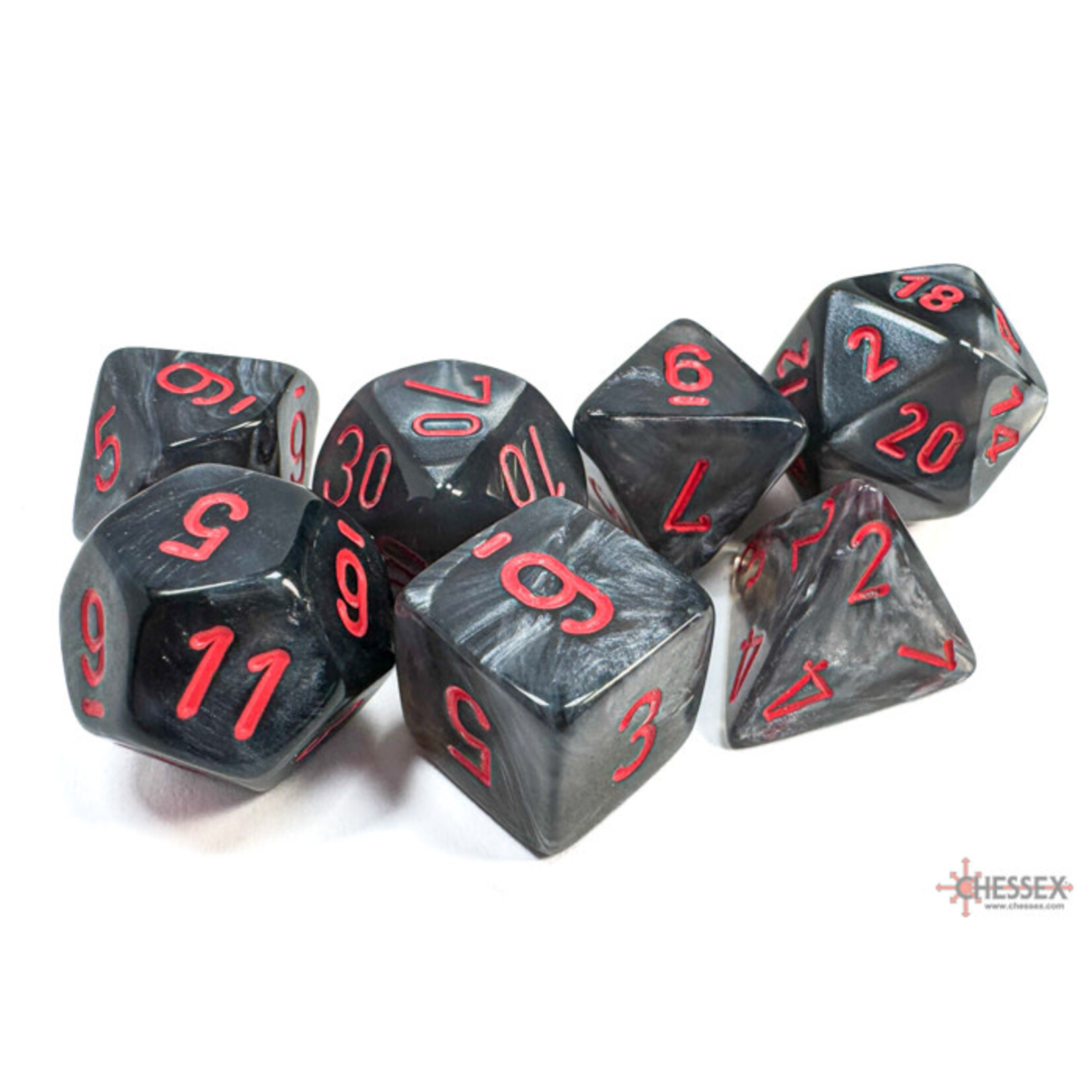 CHESSEX BLACK / RED 7 DIE SET VELVET