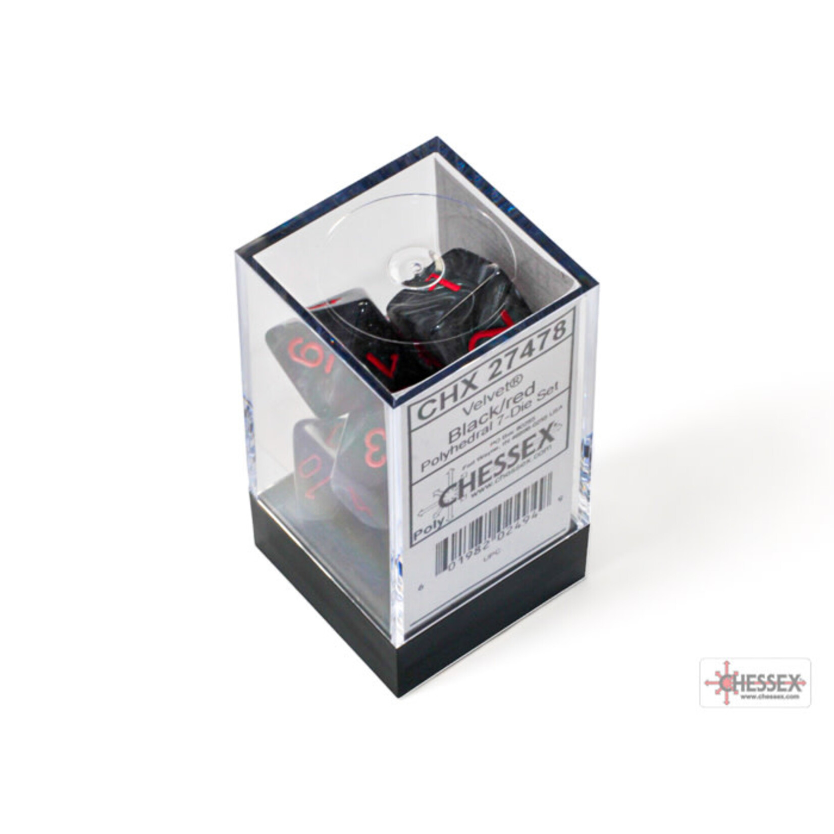 CHESSEX BLACK / RED 7 DIE SET VELVET