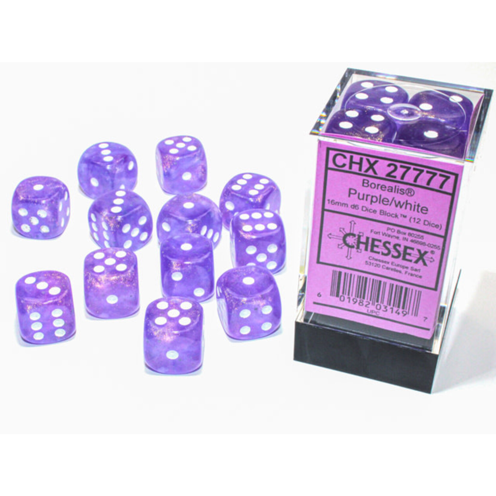 CHESSEX BOREALIS PURPLE / WHITE LUMINARY 16mm d6 12 DICE SET