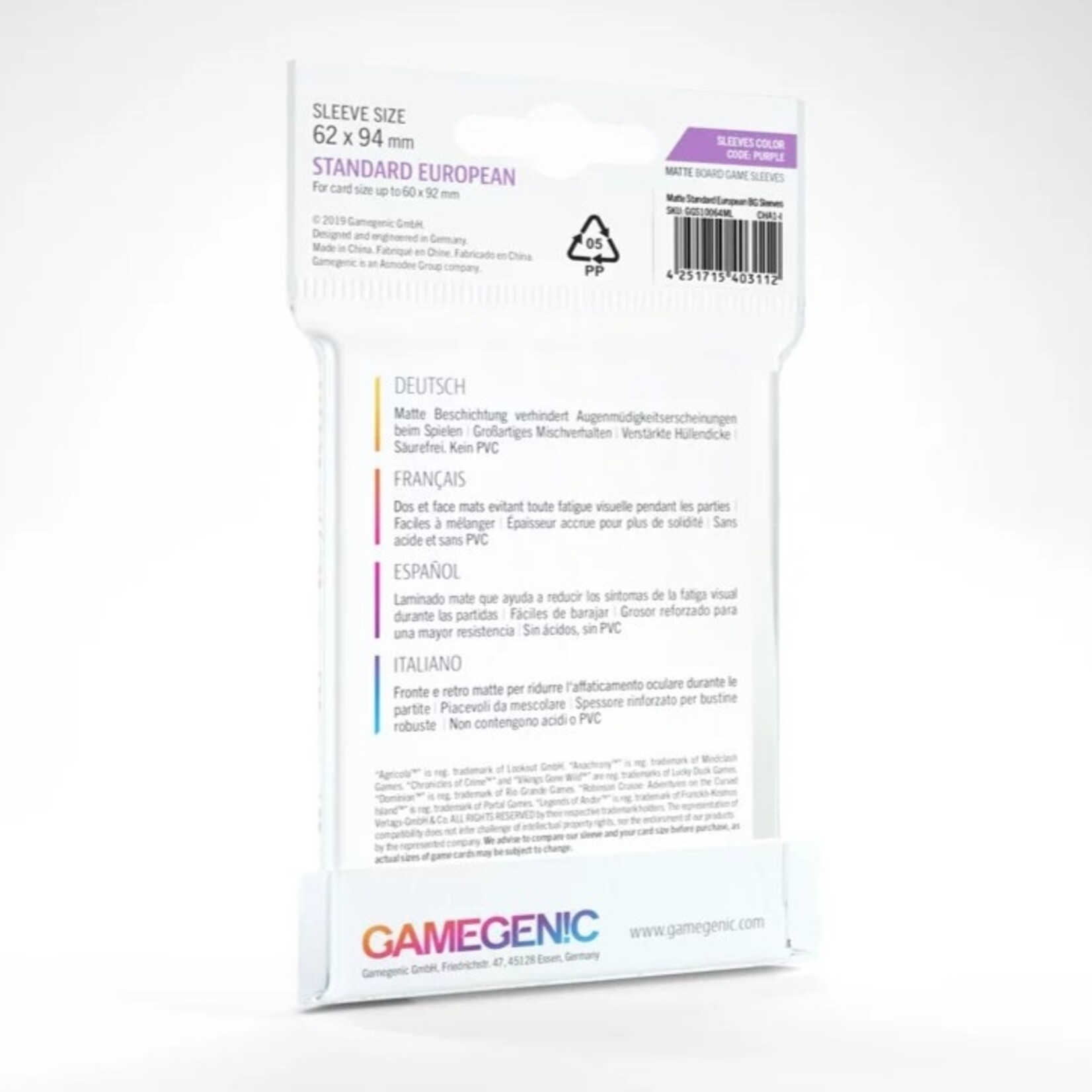 GAMEGENIC MATTE SLEEVES: STANDARD EUROPEAN 62x94mm