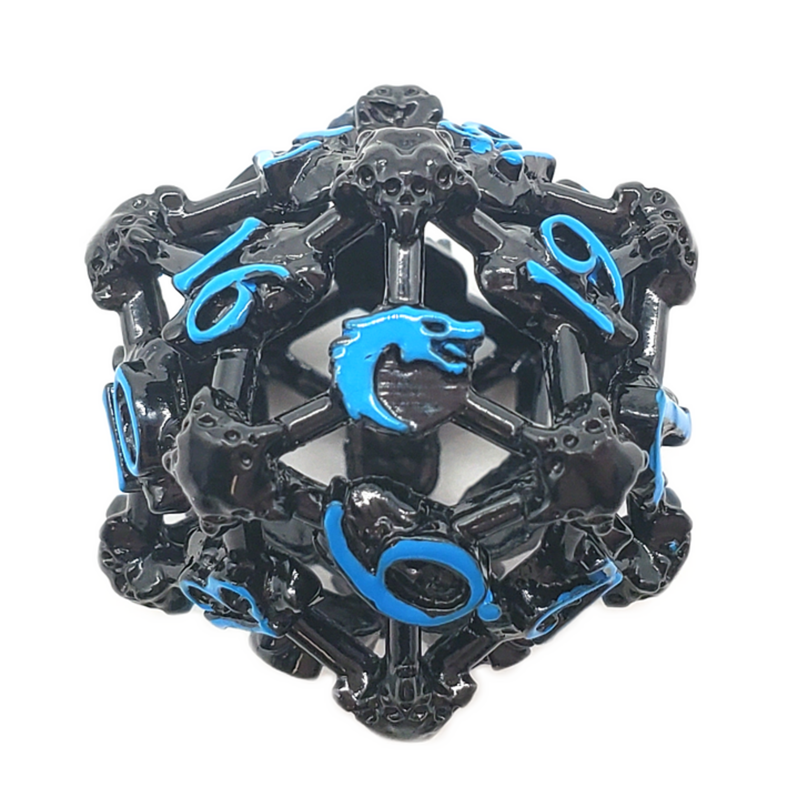 OLD SCHOOL DICE & ACCESSORIES SPINDOWN d20 HOLLOW SKULL BLACK NICKEL W/ BLUE