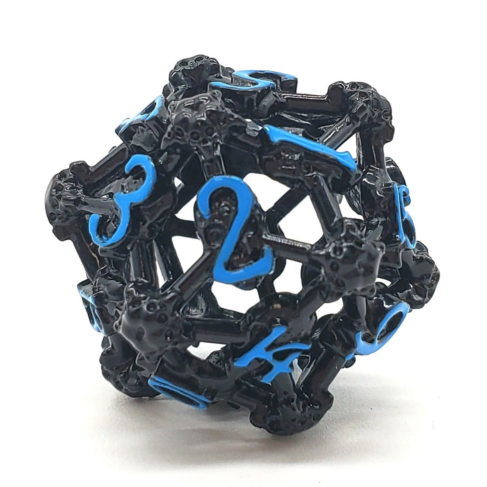 OLD SCHOOL DICE & ACCESSORIES SPINDOWN d20 HOLLOW SKULL BLACK NICKEL W/ BLUE