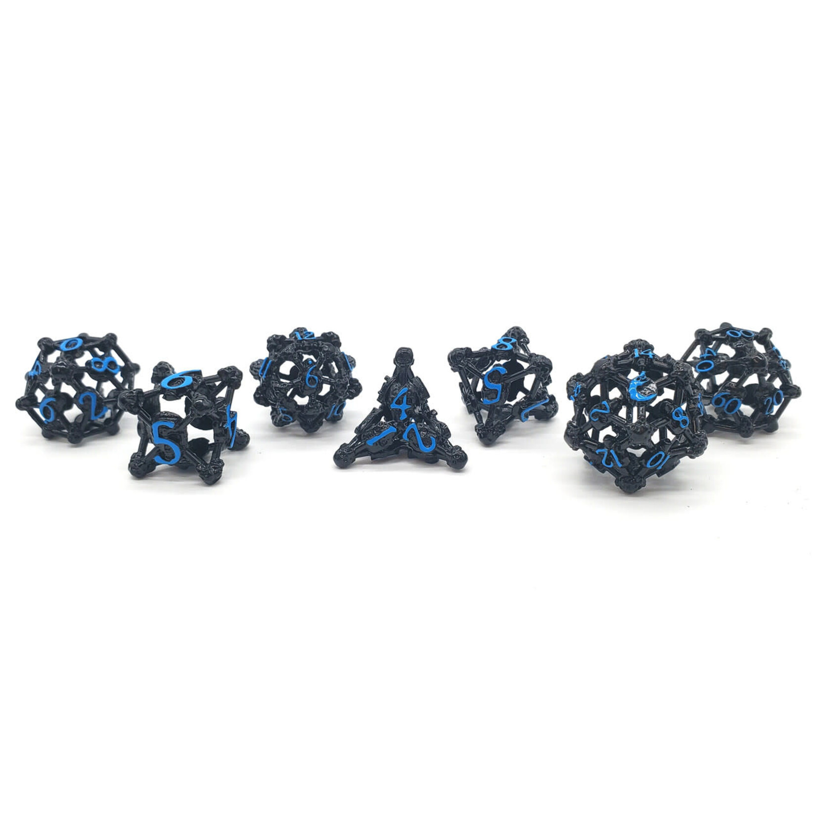 OLD SCHOOL DICE & ACCESSORIES HOLLOW SKULL DICE BLACK NICKEL W/BLUE  7PC SET