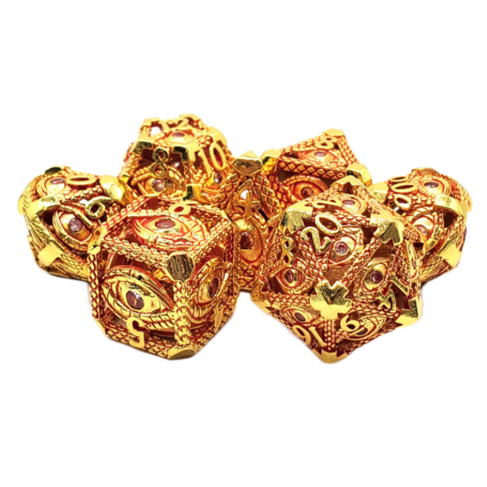 OLD SCHOOL DICE & ACCESSORIES HOLLOW DICE ALL SEEING EYE GOLD W/ RED 7PC SET