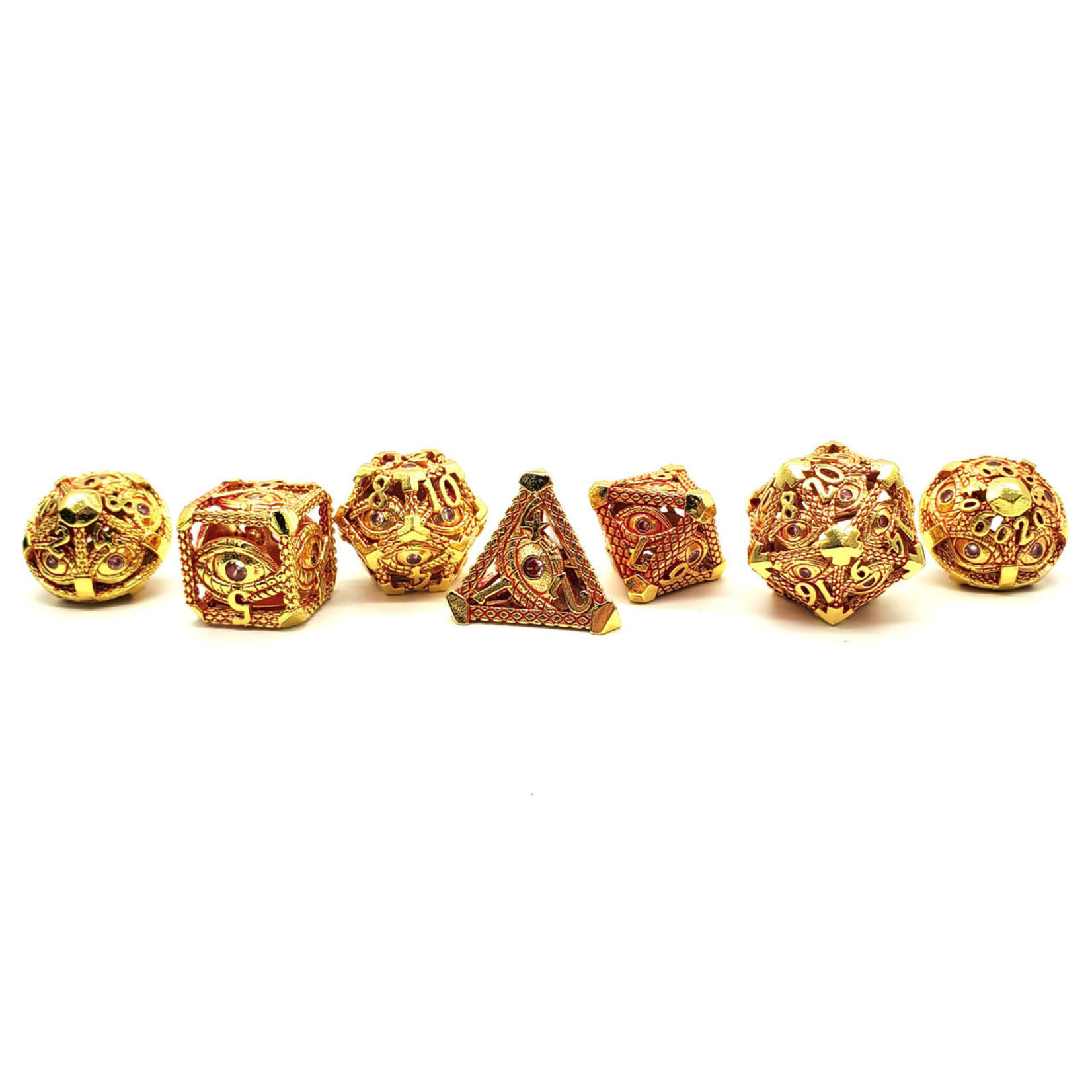 OLD SCHOOL DICE & ACCESSORIES HOLLOW DICE ALL SEEING EYE GOLD W/ RED 7PC SET