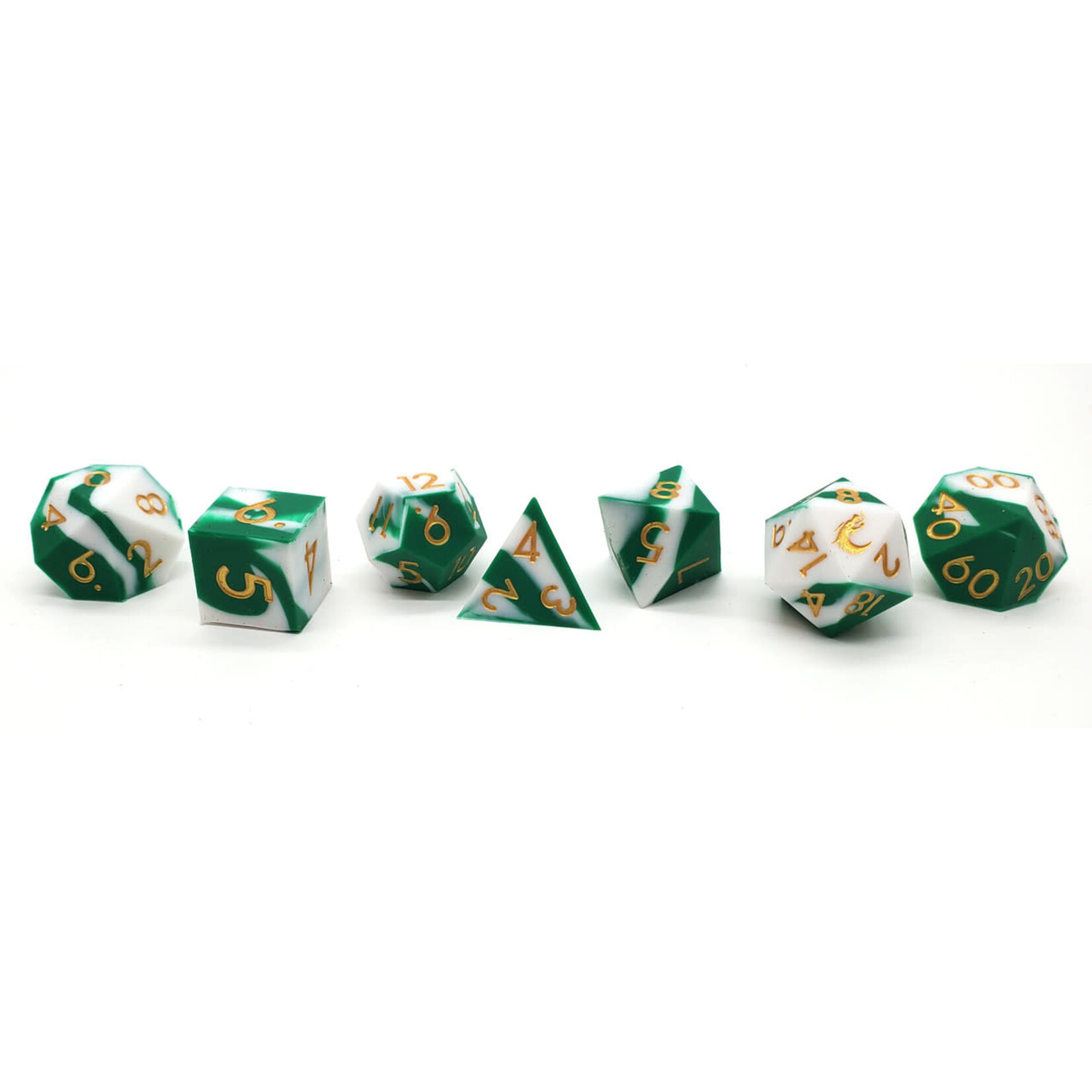 OLD SCHOOL DICE & ACCESSORIES SILICONE GREEN & WHITE W/ GOLD  7-DIE SET