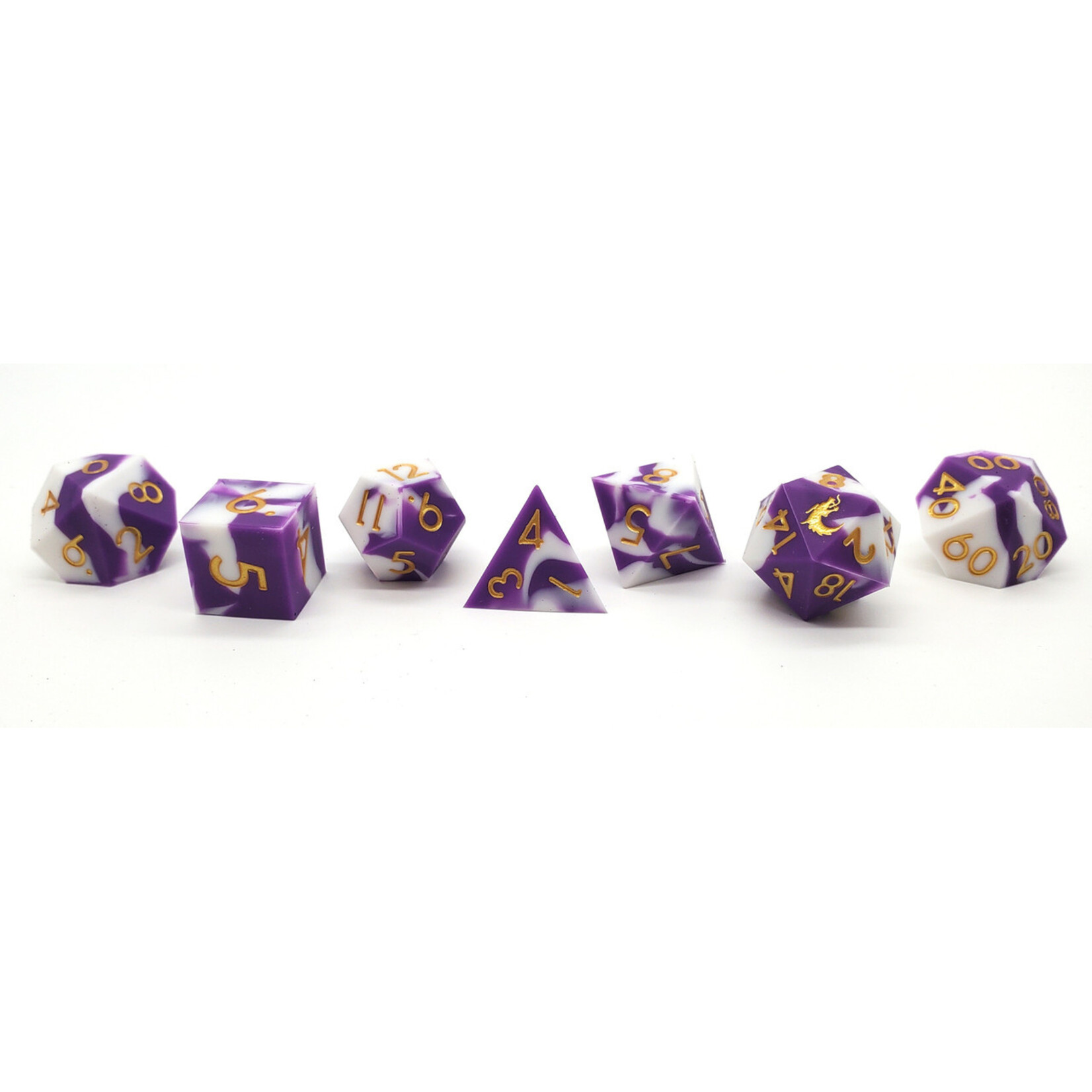 OLD SCHOOL DICE & ACCESSORIES SILICONE PURPLE & WHITE W/ GOLD  7-DIE SET