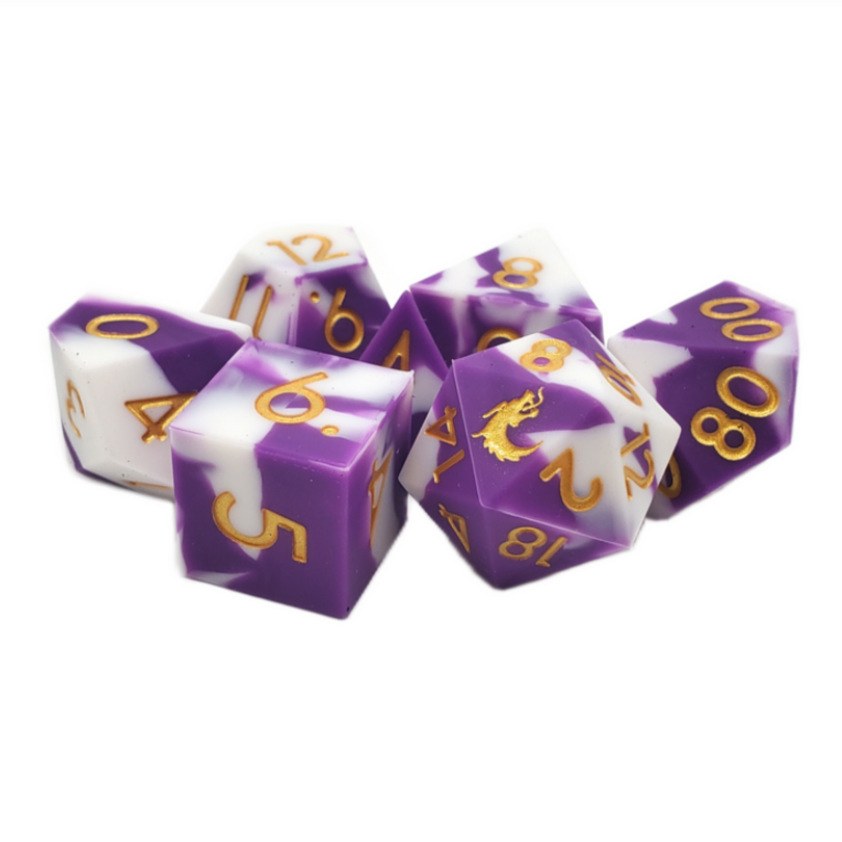 OLD SCHOOL DICE & ACCESSORIES SILICONE PURPLE & WHITE W/ GOLD  7-DIE SET