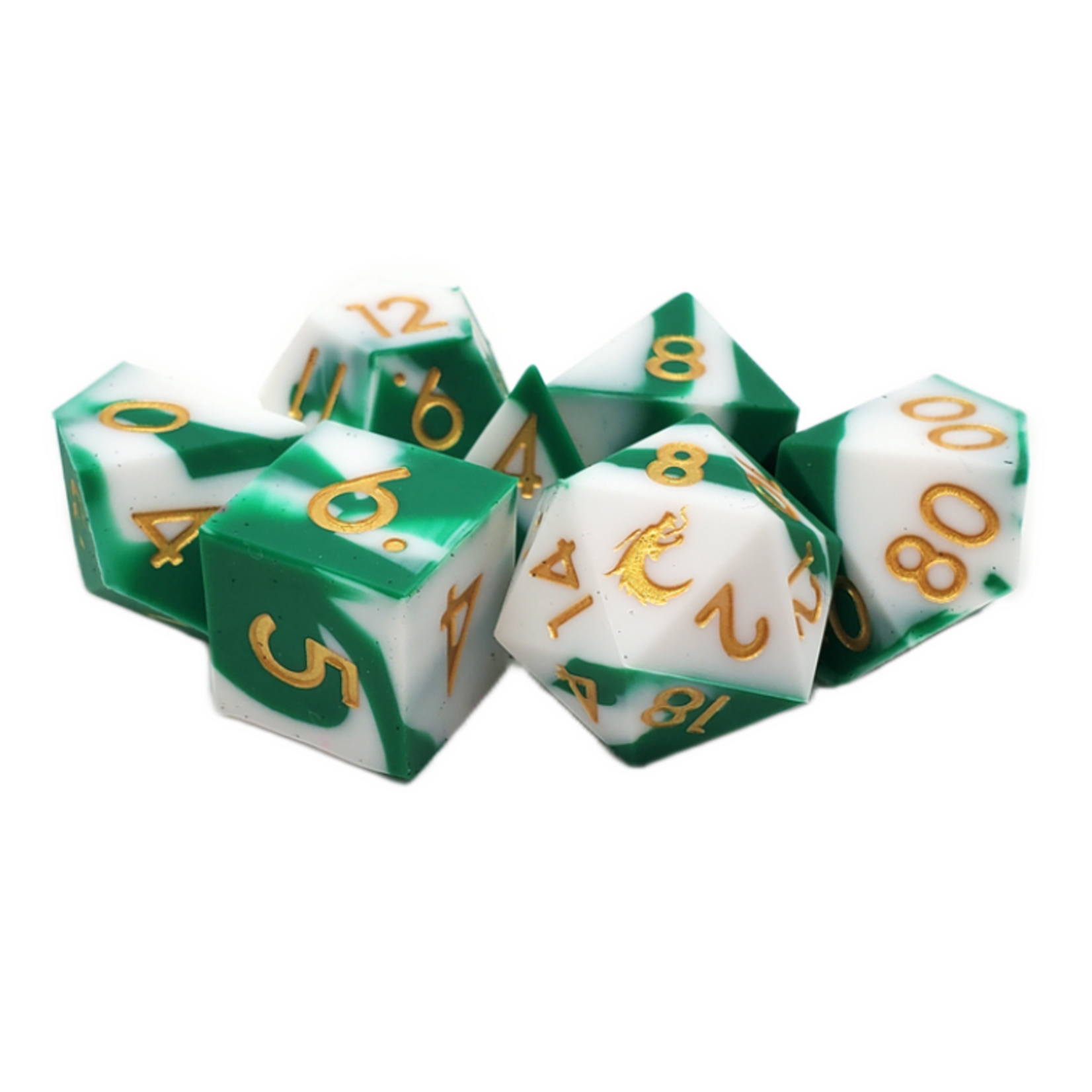 OLD SCHOOL DICE & ACCESSORIES SILICONE GREEN & WHITE W/ GOLD  7-DIE SET